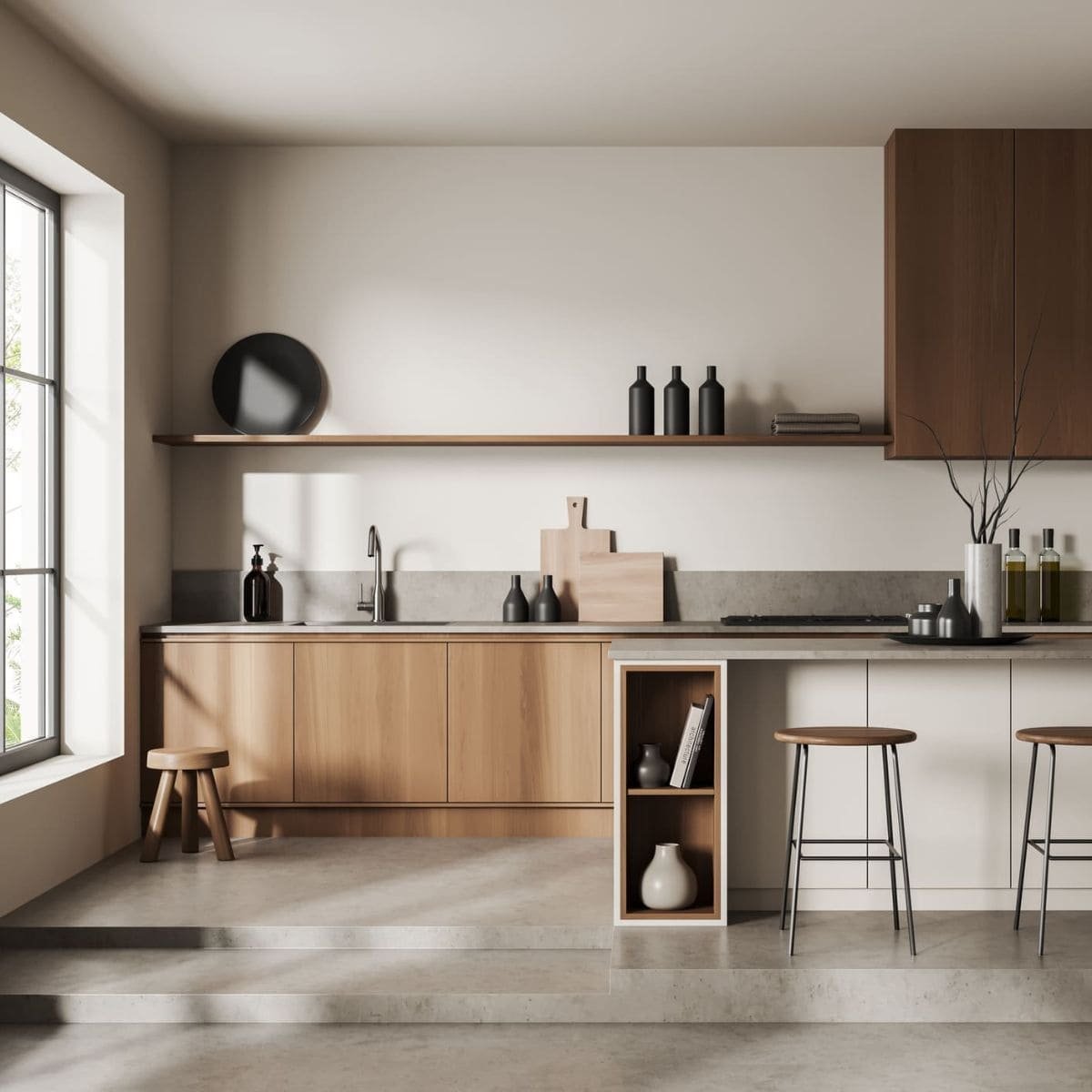 Kitchen | Modern Scandinavian style | Beige concrete and wooden kitchen